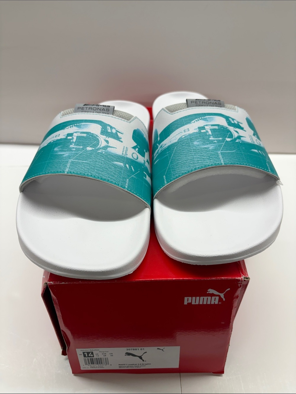 NEW Puma X Mercedes Formula 1 White & Teal Graphic Slide Sandals